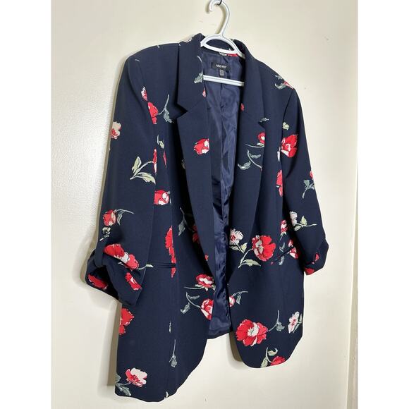 Nine West Woman’s Plus 2X Navy Floral Jacket Blazer Floral 3/4 Sleeve Open Front - Picture 1 of 11